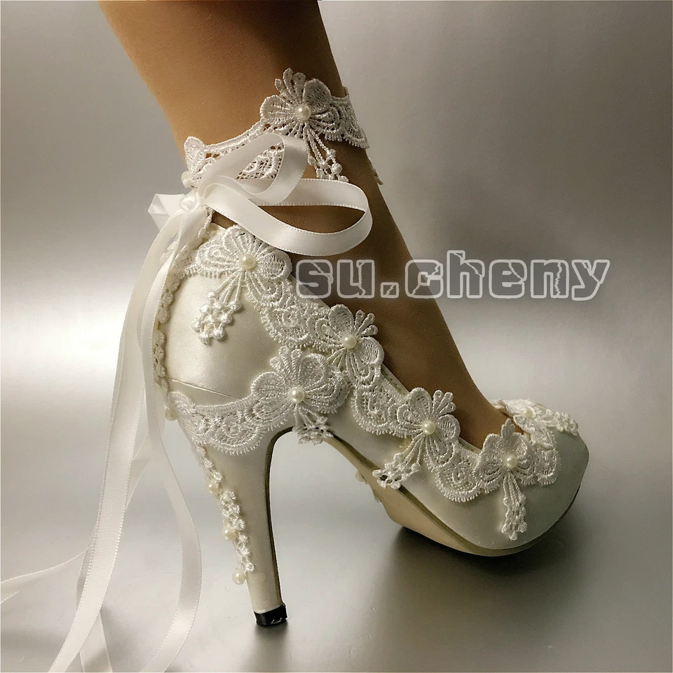 Su.cheny Cinta Tobillera Blanco Marfil Satinado Puntera Abierta Tacón Boda Novia Zapatos Talla Foto 4 de 4