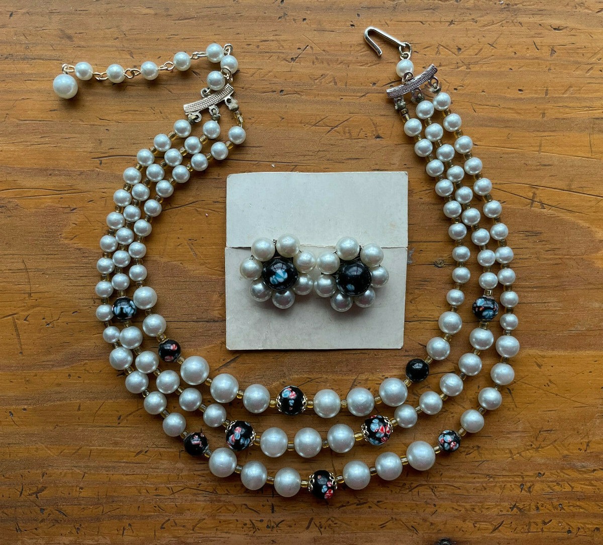 Vintage Japan 3-Strand Faux Pearl Glass Bead Choker Necklace