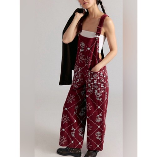 NWT Free People We the Free Rising Sun Embroidered Overalls Russet Brown Sz M