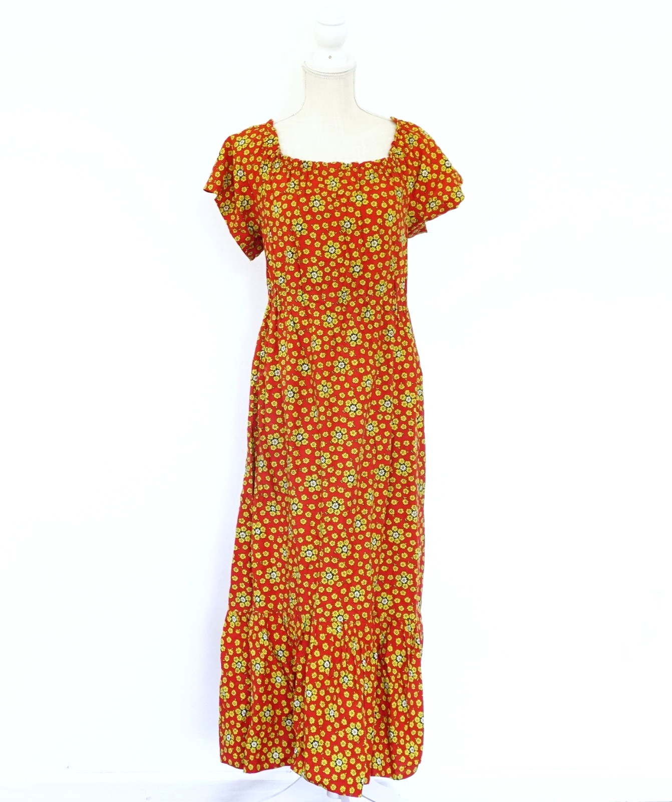 Vintage 70s Red Floral Cotton Short Sleeve Hippie Maxi Dress M- READ