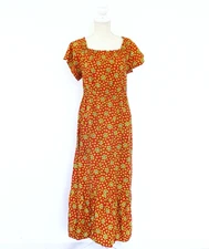Vintage 70s Red Floral Cotton Short Sleeve Hippie Maxi Dress M- READ