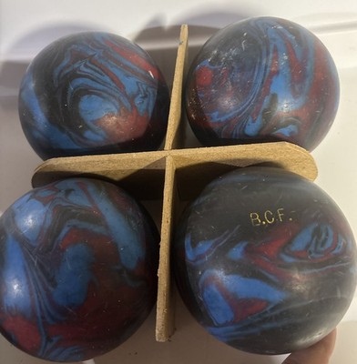Set Of 4 Vintage Brunswick Candlepin Bowling Balls - Dark Blue And Red Swirl