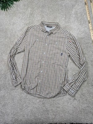 North Face Shirt Mens Medium Tan Plaid Nylon Roll Tab Gingham Hiking Vented Top