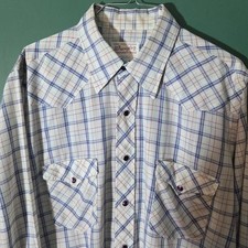 Vintage 70s Wrangler Western Pearl Snap Shirt Plaid White Purple Blue Large