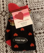 Heart Design Ladies Knee Socks Size 4 to Black Red Stripes Valentines Brand New