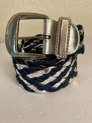 #ad #ad Denim Braided Belt 44” Long Hook To End Silver Denim Blue Wide Plaited $10.00