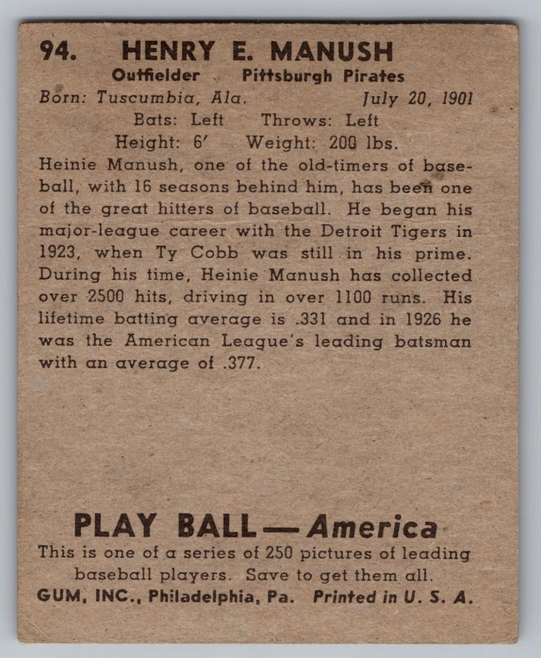 1939 PLAY BALL #94 HEINIE MANUSH PIRATES - Image 2 of 3