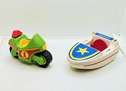 Vintage 1990s Playmobil 123 Motorbike & Coast And Rescue Boat Lot