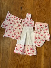 "FLAMINGO"  dish towel with 2 pot holders & 1 oven mitt (4pc set )