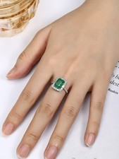 Solid 925 Sterling Silver Natural Emerald Cushion Shape Gemstone Women Ring U1