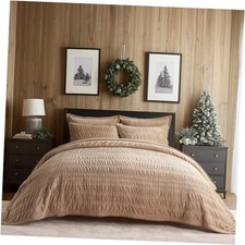 Velvet Quilt Queen Size, Luxury Velvet Full/Queen 90" x 92" Ruched Khaki Tan