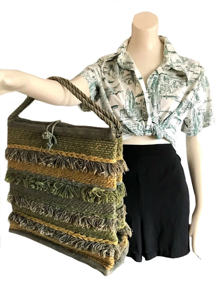 enorme bolso vintage de yute verde años 60/bolso de flecos de rafia años 60 vacaciones de verano playa Foto 4 de 4