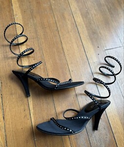 Black/Rhinestone Stiletto Heels, Aldo,  Size 38/7 Satin, Strappy party glam Shoe
