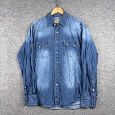 Gibson Trading Co Shirt Mens Large L Blue Cotton Chambray Diamond Snap Western