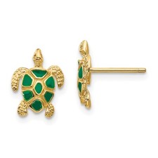 11mm 14K Yellow Gold Green Enameled Sea Turtle Post Earrings