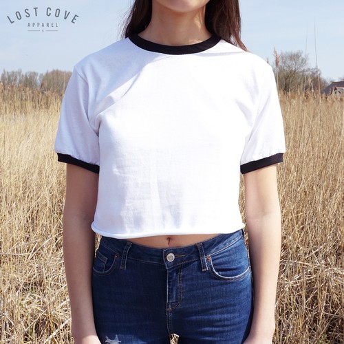 * Plain Crop Ringer Tee T-shirt Top 
