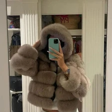 Women Real Fox Fur Coat Hood Short Fluffy Jacket Natural Soft Warm Thick Outwear