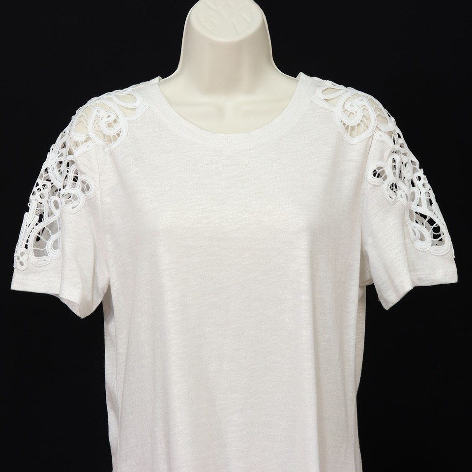 INC International Concepts Lace Cold Shoulder Shirt M Medium Ivory Gold