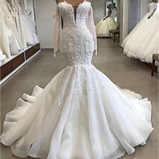 Mermaid Lace Organza White/Ivory Wedding Dress Long Sleeve V Neck Bridal Gowns