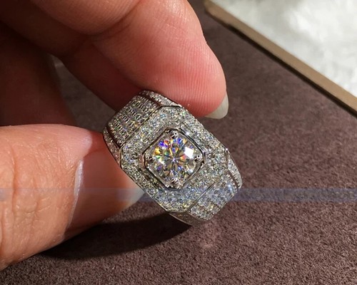 3Ct Round Cut Real Moissanite Men's Wedding Pinky Ring 14k White Gold Plated - Picture 5 of 14