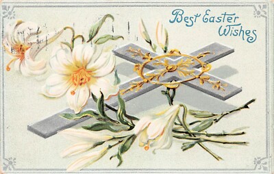 Antique Easter Card Christian Religious Silver Ornate Cross Vtg Postcard D25