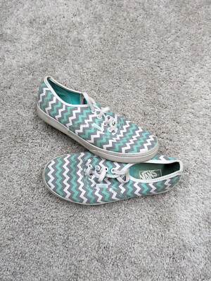 Vans Shoes Girls Size 3.5 Lace Up Teal Flat Zig Zap Off Wall Skate Green White