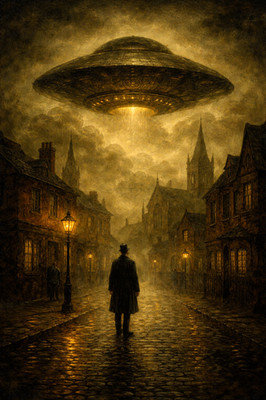 Victorian Street UFO Encounter Dark Sc-Fi Poster Druck gerahmte Leinwand Wandbild