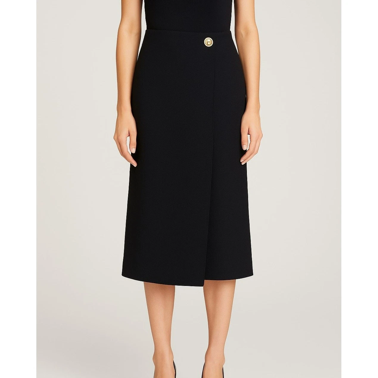 Givenchy — Givenchy Wool Crepe Wrap Midi Skirt Black Gold Turn Lock Hardware Silk 36 NWT