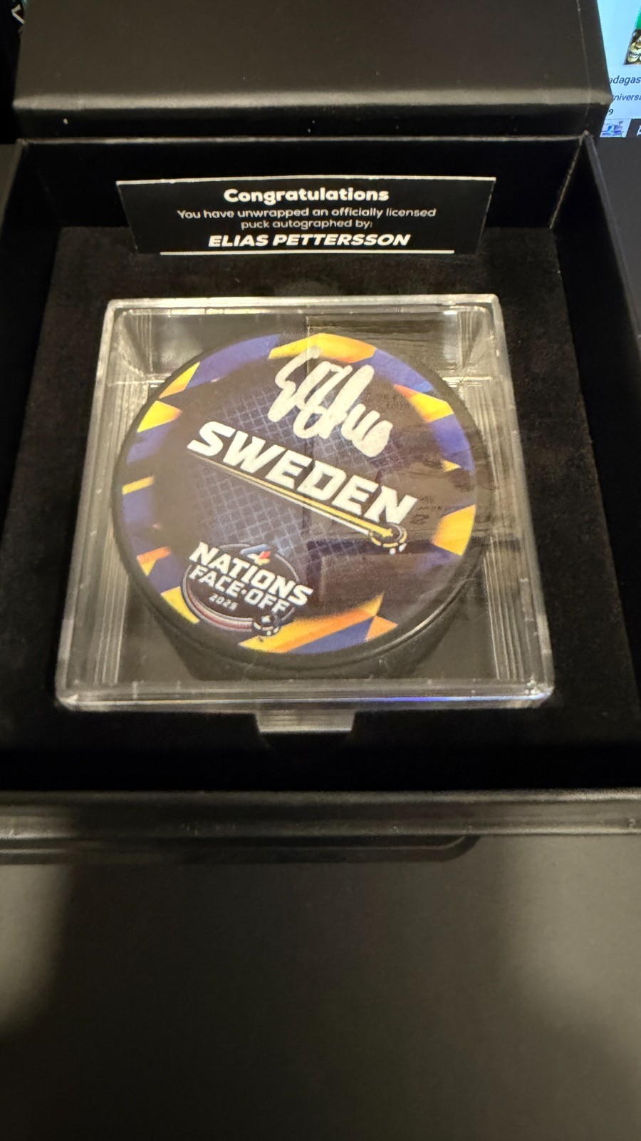 Elias Pettersson Vancouver Canucks Signed Sweden 4 Nations Face-Off Hockey Puck