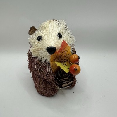 Bristle Brush Hedgehog Figurine Holding Fall Leaves and Pinecone 4''x2.75''
