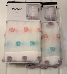 DKNY Kids Sheer Rod Pocket Curtain Panels 42x84 White Pom Pom Pastels
