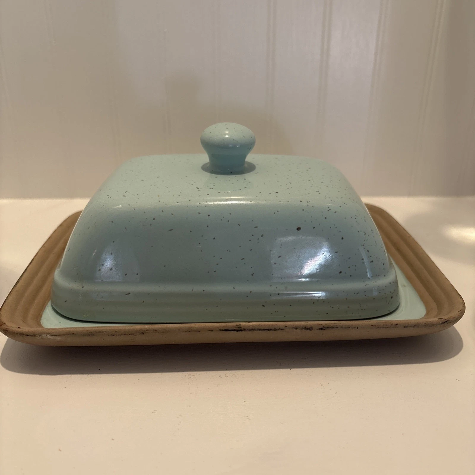 Robin Egg Blue And Tan Speckled Butter Dish Double Size Stoneware Cottage Farm