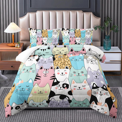 Tuzaovy Queen Cat Comforter Set For Girls - Kawaii Queen Size Bedding Cute