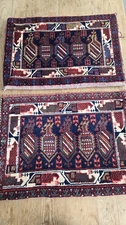 Two Vintage Baluch Persian Rug Floor Pillow/Grain Bags Black Weft Wool 28x21" 