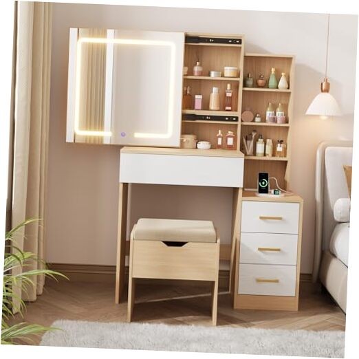 Vanity Desk with Sliding Mirror in Natural & White - Dressing Table with Storage