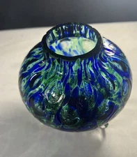 Pulegoso Art Glass Hand Blown Cobalt Blue & Emerald Green Footed Thumbprint Vase