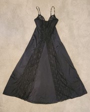 Vtg Semi-Sheer Black Nylon Nightgown Long Lace Long Spaghetti Straps Rosette