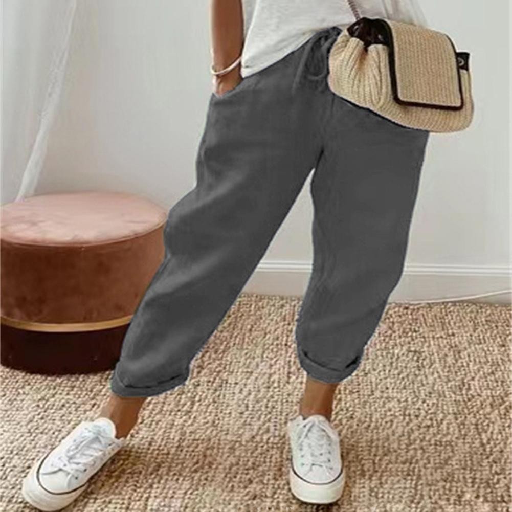 Elegantes pantalones de algodón y lino para mujer con cintura elástica para conjuntos informales