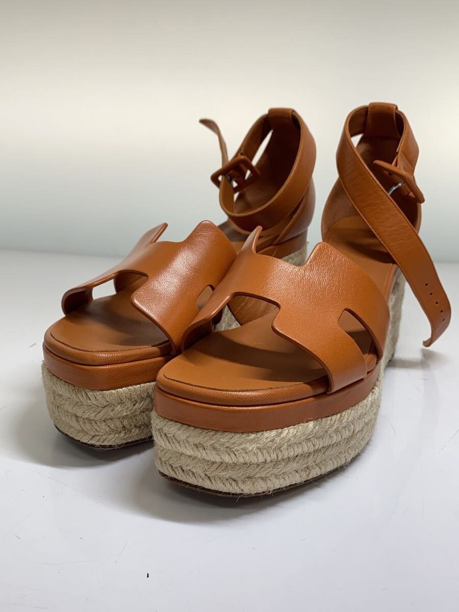 Authentic HERMES Elda Espadrille Wedge Sandal EU 36 Brown Leather Pre-Owned