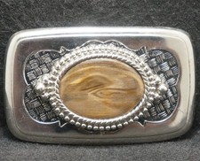 XB09175 GOOD VINTAGE 1970s  BROWN STONE  ARTWORK UNISEX SILVERTONE BELT BUCKLE