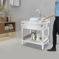 Stainless Steel Single Bowl Sink with Pull-Out Faucet Freestanding Kitchen Sink