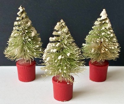 Vintage 3  Bottle Brush Christmas Tree Set 3 Red Wood Bucket Base Snow Flocking