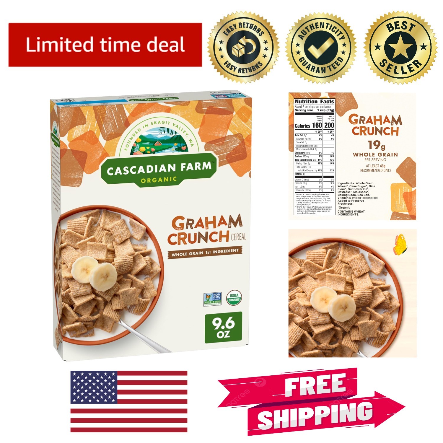 Healthy Organic Graham Crunch Cereal, 9.6 oz &ndash; 19g Whole Grain per Serving