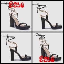 CLEARANCE BLACK SIZE 3-7 HIGH BLOCK HEEL GOLD CHAIN TIE 2-PART PLATFORM SANDALS
