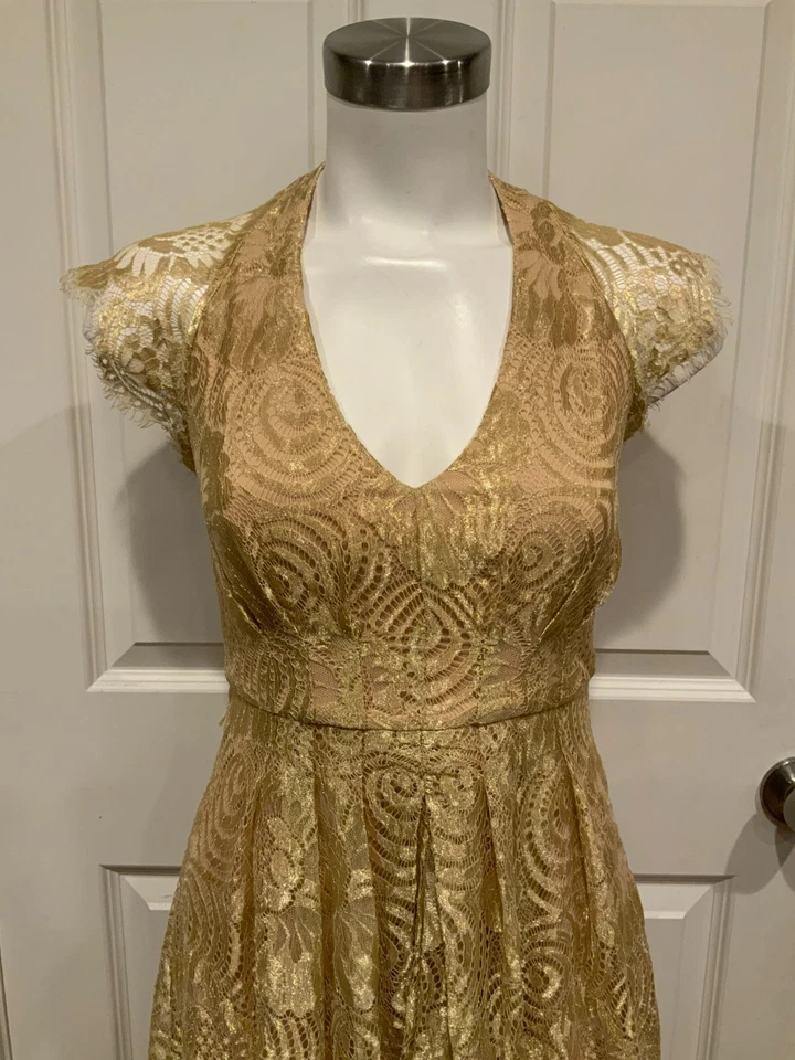 Eva Franco Anthropologie Gold Floral Lace Fit & Flare Dress, Size 0P (US) - Image 2 of 4