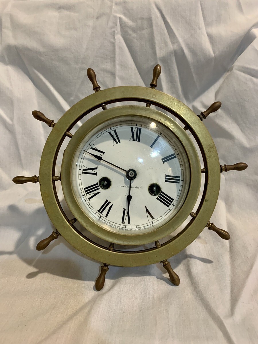 Antique Waterbury Jeweled Ship Wheel Brass Clock Porcelain Dial