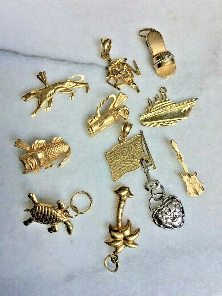 11 14k GOLD CHARMS,2 WITH DIAMONDS