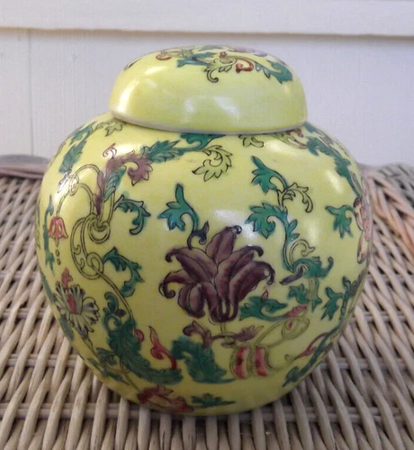 Vintage 4-1/2" Tall Neiman Marcus Yellow Floral Ginger Jar Opens in a new window or tab