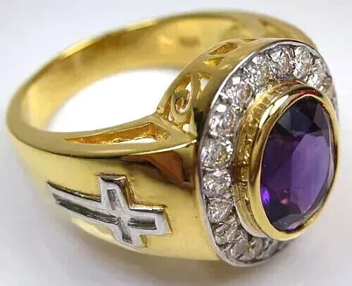 Anillo de halo de boda de amatista creada en laboratorio de corte ovalado de 3 quilates de oro amarillo de 14 quilates Foto 3 de 4