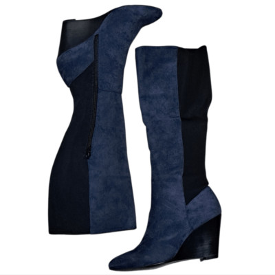 Charles By Charles David Easel Point Toe Knee High Suede Wedge Boots Sz 6.5 Blue